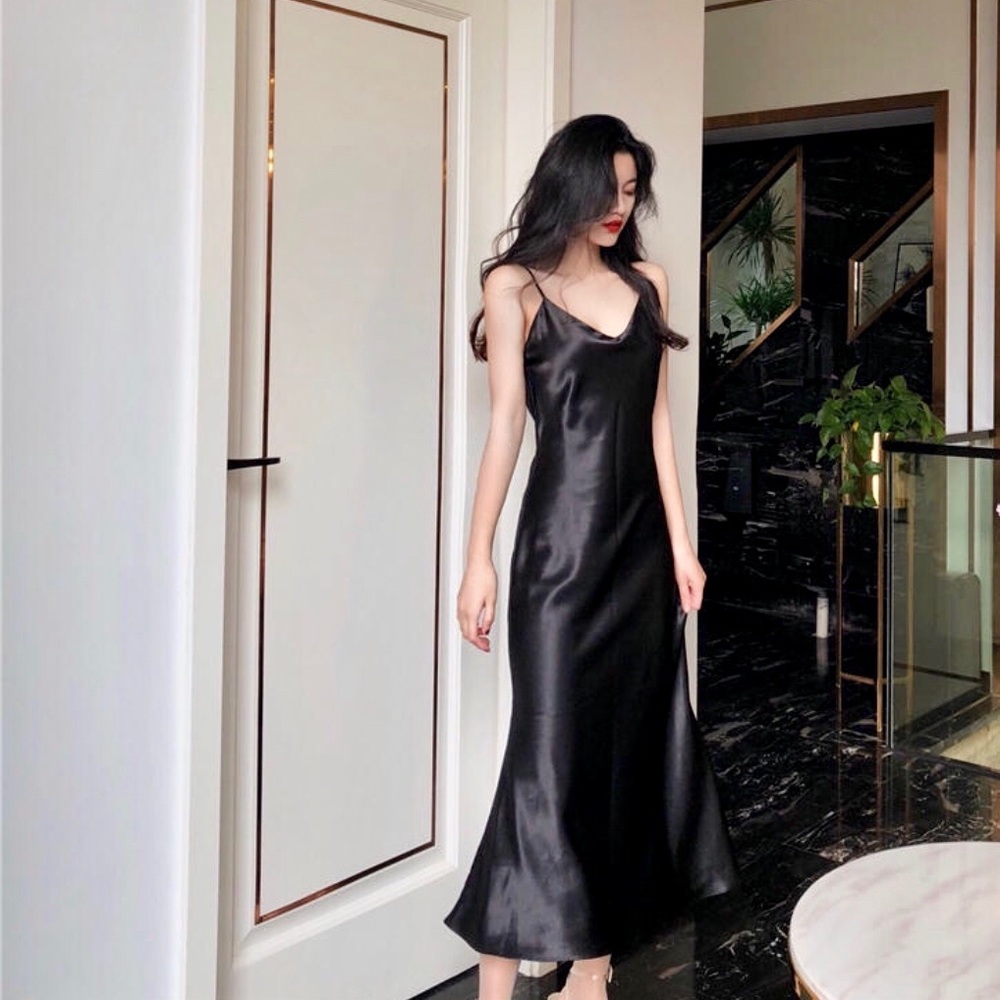 Black Fishtail Maxi Slip Dress - Picture 1 of 4